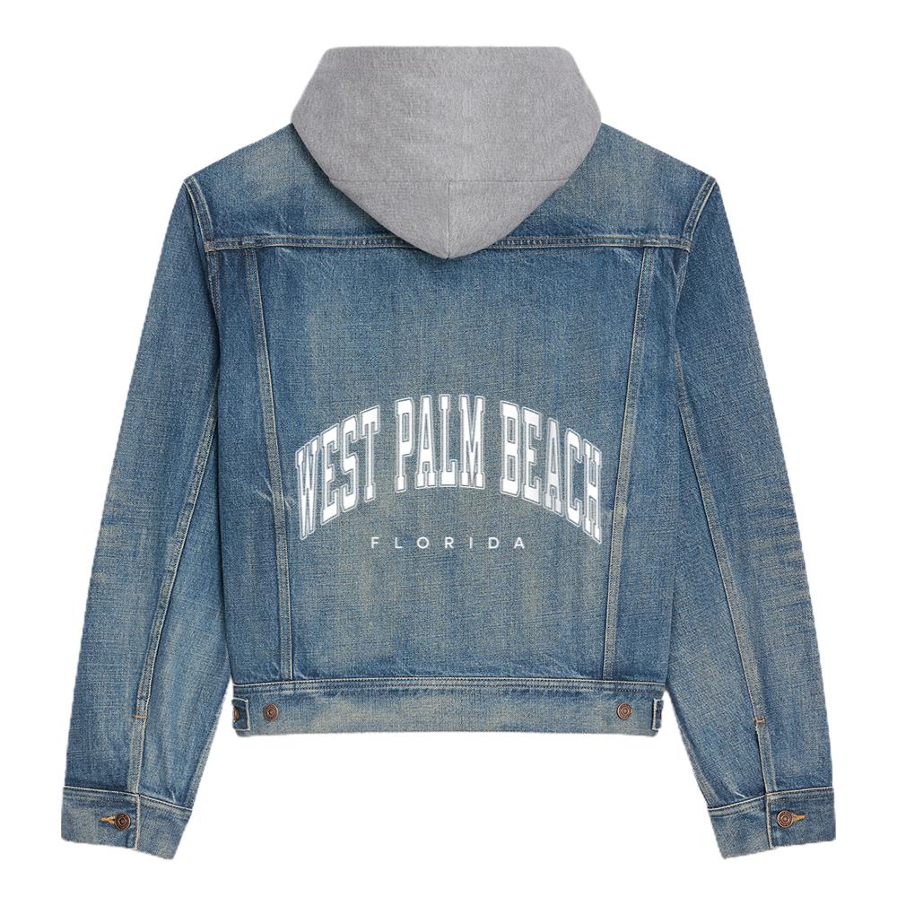 womens west palm beach florida fl varsity style white text hooded denim jacket 2266 7jtee.jpg