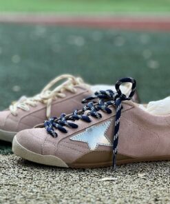 Golden Goose Super-Star Low-Top Sneakers Dusty Pink Suede Metallic Silver Star Navy Striped Laces