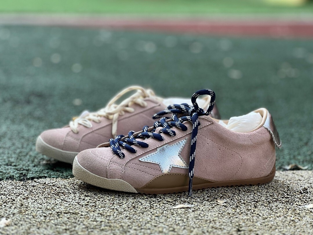 Golden Goose Super-Star Low-Top Sneakers Dusty Pink Suede Metallic Silver Star Navy Striped Laces