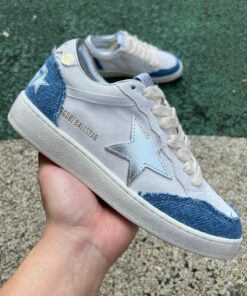 Golden Goose Ball Star White Suede Blue Distressed Denim Silver Star Low Top Sneakers