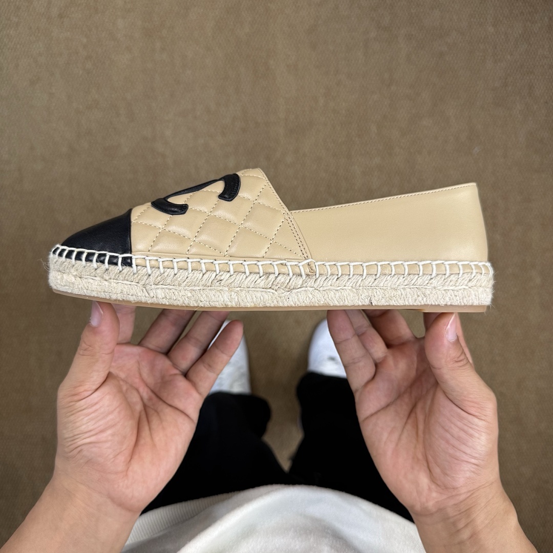 Chanel Beige Quilted Lambskin CC Espadrilles with Black Cap Toe