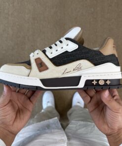 Louis Vuitton LV Trainer Sneaker Black Monogram Denim Beige Suede