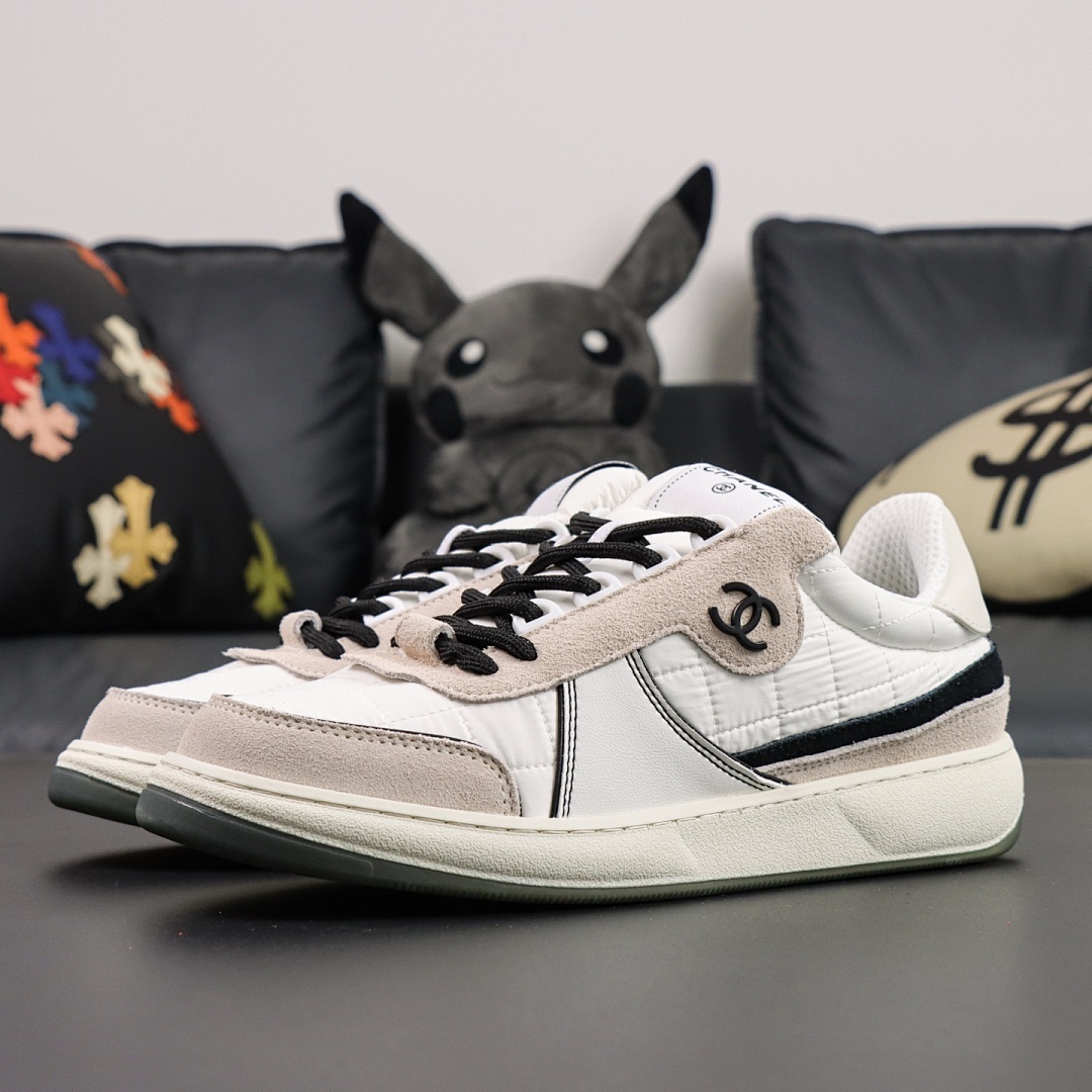 Chanel Quilted Leather Suede Low-Top Trainers White Beige Black