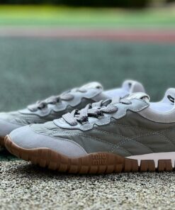 Miu Miu 5E930C Padded Nylon and Suede Lace-up Trainers Khaki Green