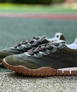 Miu Miu Nylon and Suede Runner Sneakers Khaki Green