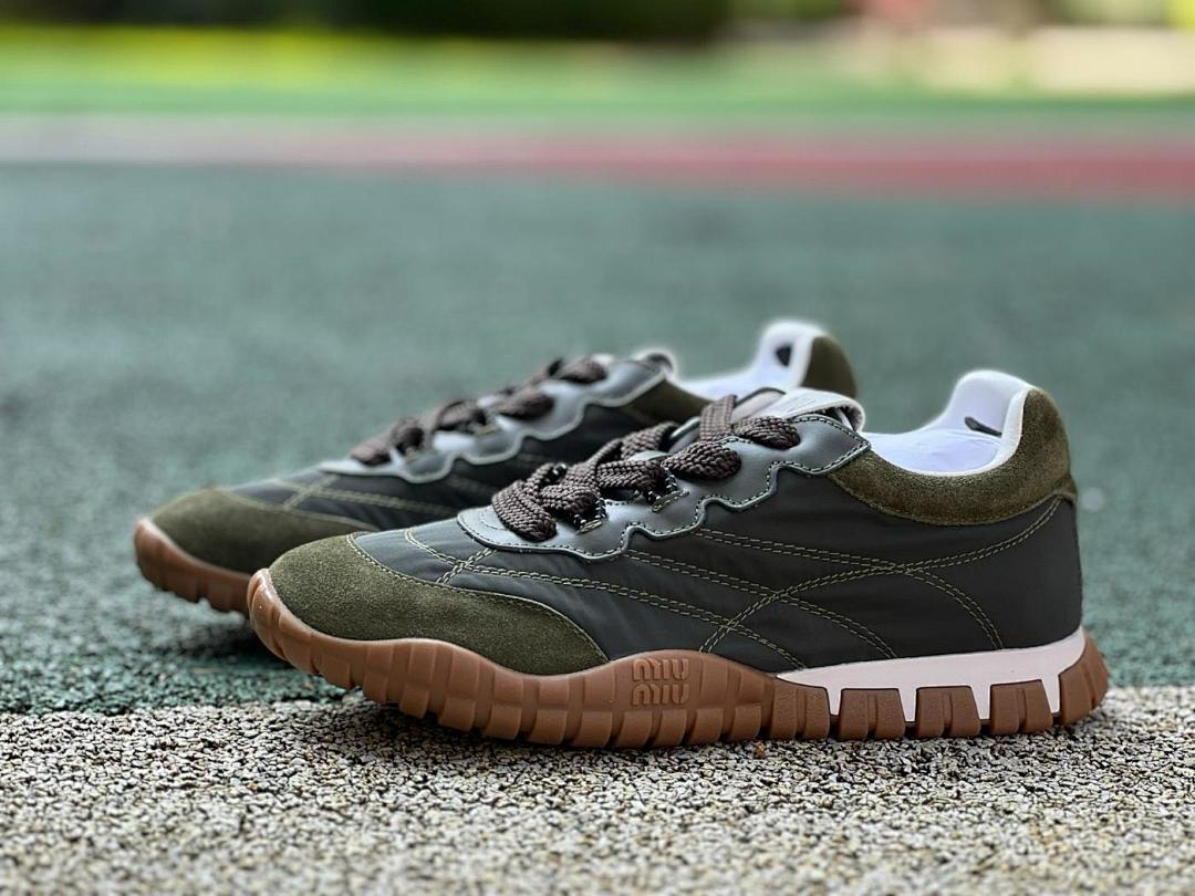 Miu Miu Nylon and Suede Runner Sneakers Khaki Green
