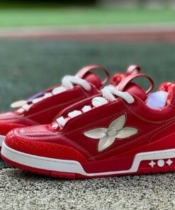 Louis Vuitton LV Trainer Sneaker Red Metallic Monogram Flower